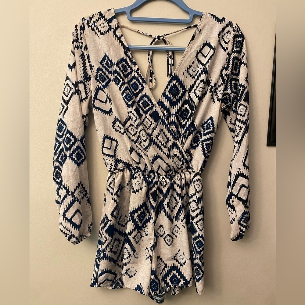 One Clothing Blue and Cream Geometric Romper